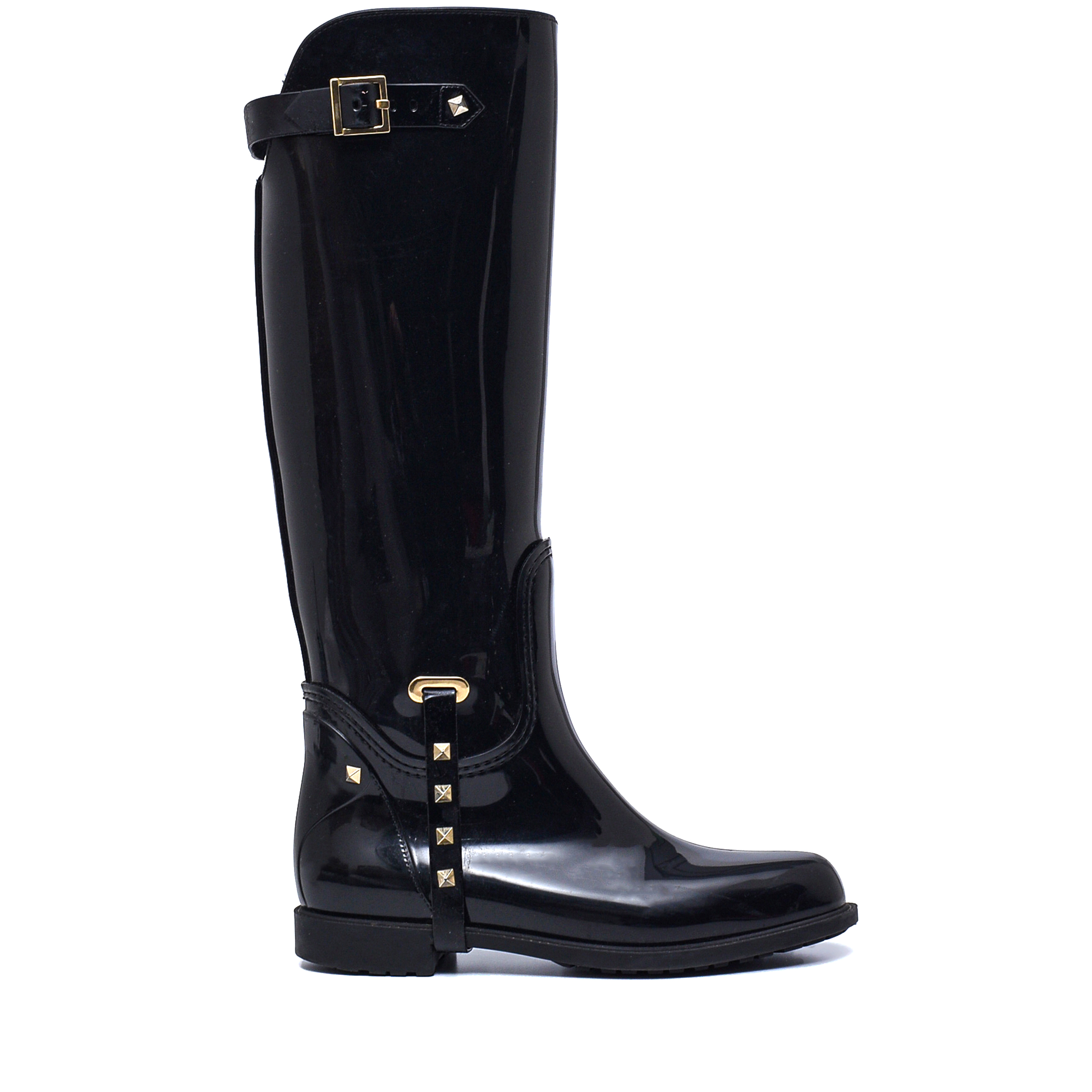 Valentino- Black Patent Rubber RockStud Rain Boots 39